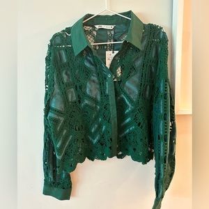 Zara crochet and velvet green button up blouse. Size xl. New with tag.